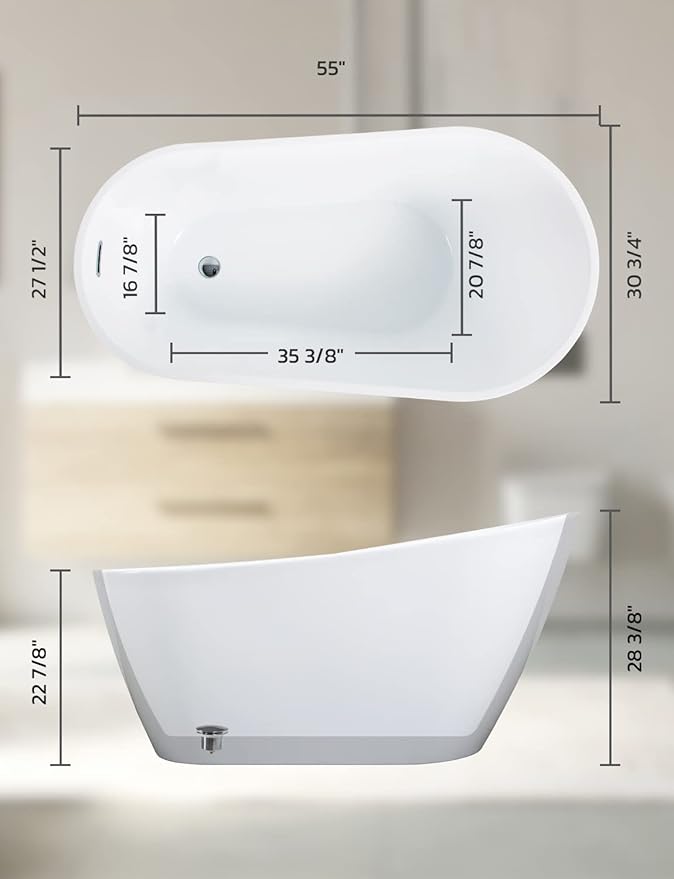 55 Inch Acrylic Freestanding Bathtub, Glossy White Contemporary Soaking Tub with Silver Toe-Tap Pop-Up Chrome Drain, Integrated Slotted Brushed Nickel Overflow, 55 Gal cUPC Certified Tub
