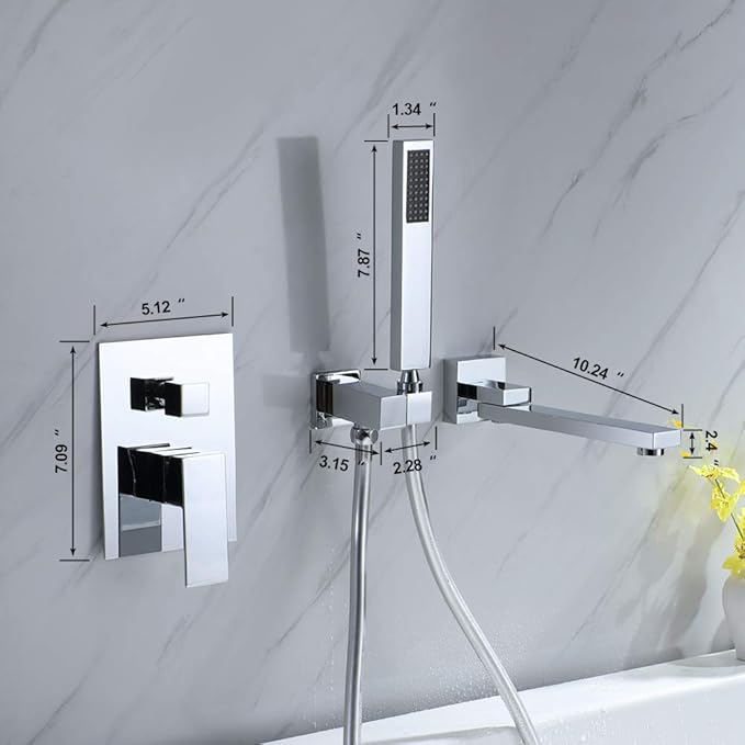 Wall Mounted Bathtub Faucet with Handheld Shower, Solid Brass 180°Swivel Tub Faucet with Handheld Sprayer High Flow Bathtub Faucet Set with cUPC Certified Wall Mount Tub Filler, Chrome