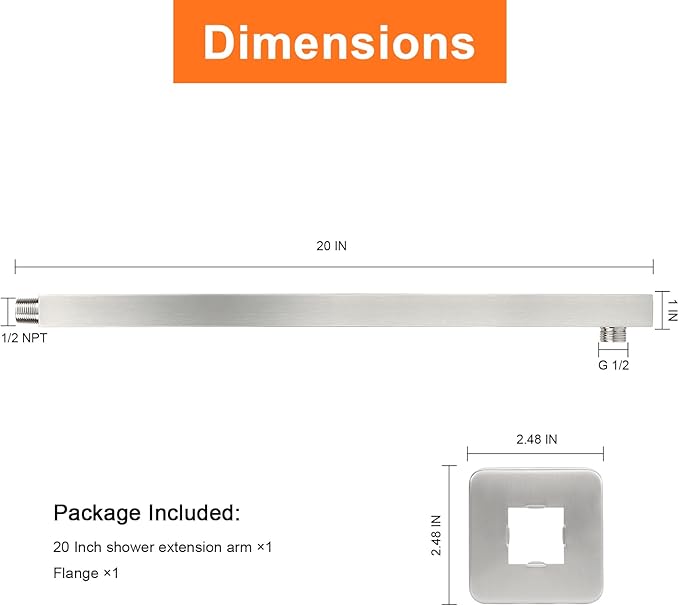 HarJue Shower Arm, Rain Shower Head Extension Extender, With Flange and Teflon Tape, Made of Thicken Stainless Steel for Bathroom Rainfall Shower (20 Inch, Brushed Nickel)