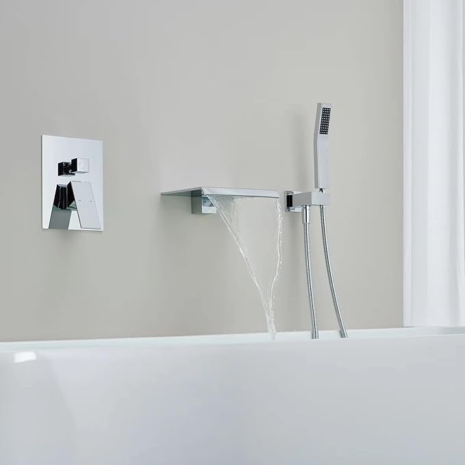 Wall Mount Tub Filler Waterfall Tub Faucet Chrome Bathtub Faucet Brass Single Handle Bathroom Faucet with Hand Shower