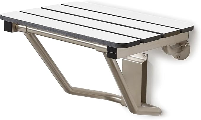 22" x 15" Phenolic White 3” Slats Folding Wall Mount Shower Seat Bench, ADA Compliant