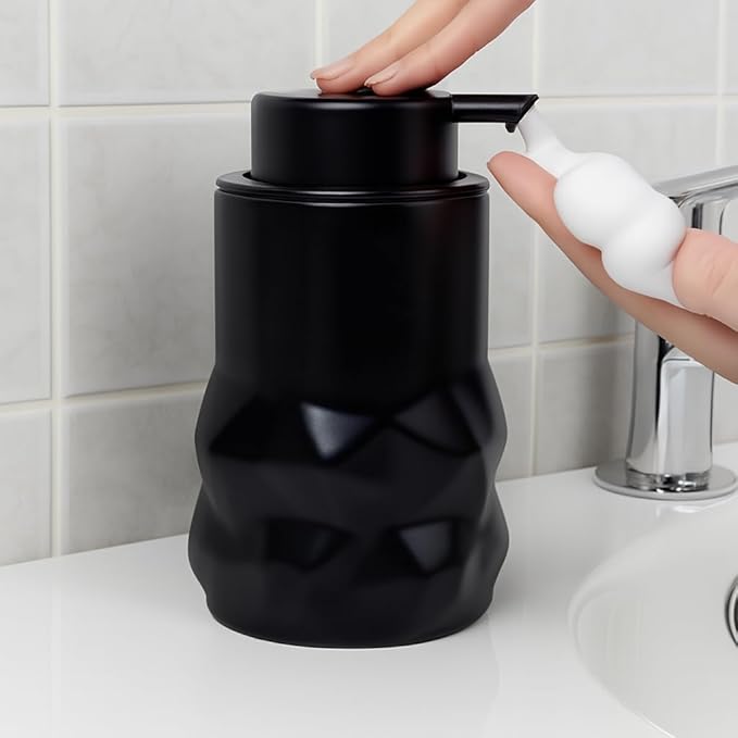 BosilunLife Hand Soap Dispenser - Foam Soap Dispenser Bathroom Ceramic Dish Liquid Soap Dispenser for Kitchen, Bathroom Countertop Soap Dispensers (Black-Foam-Sculpt)
