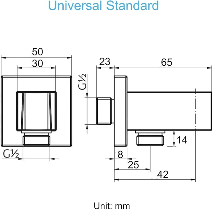 Chrome Wall Supply Elbow with Hand Shower Holder, Keymark Brass Square 1/2″Shower Hose Connector, Wall Mount Drop Ell Union Water Outlet
