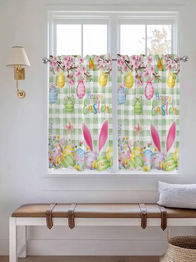 Happy Easter Kitchen Curtains 45 Inches length, Spring Bunny Eggs Flower Sage - Image 4