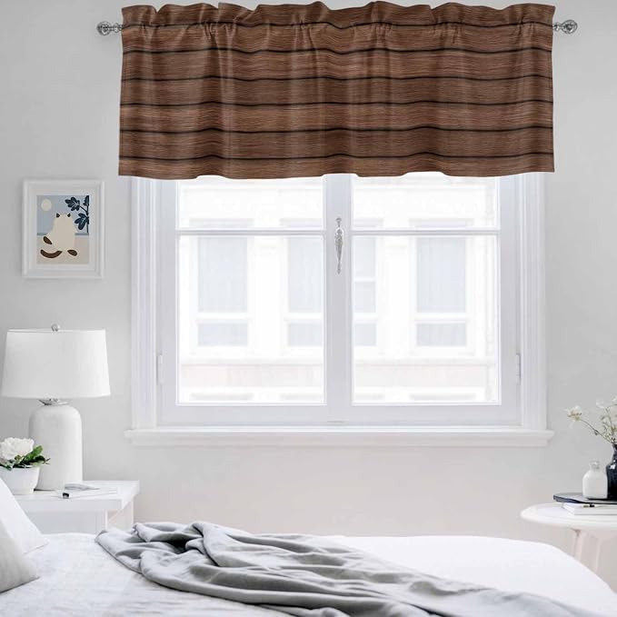 2 Pack Kitchen Valance for Windows, Farm Brown Wood Board Light Filtering Rod - Image 7