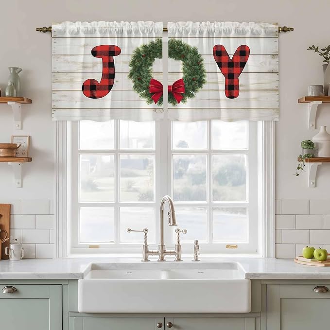 Christmas Wreaths Kitchen Tier Curtains 24 Inch Long 2 Panel Set, Rod Pocket by Unknown
