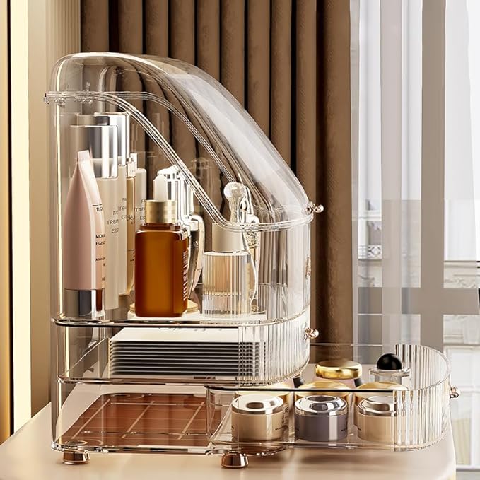 Makeup Organizer Countertop Vanity with Transparent Lid Drawers Waterproof Dustproof Cosmetic Skincare Bathroom Storage Gift for Women Teens Girls (Clear Whtie)