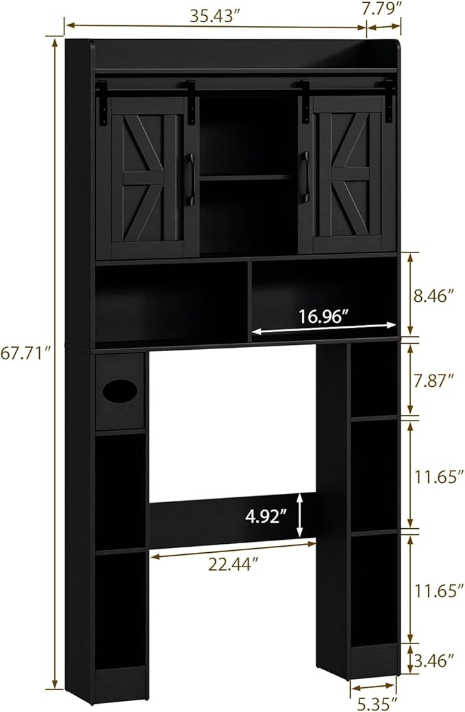 Farmhouse Storage Cabinet Over Toilet with Sliding Doors，Over The Toilet Storage Cabinet, Home Space-Saving Toilet Rack, for Bathroom, Restroom, Laundry.Pure Black