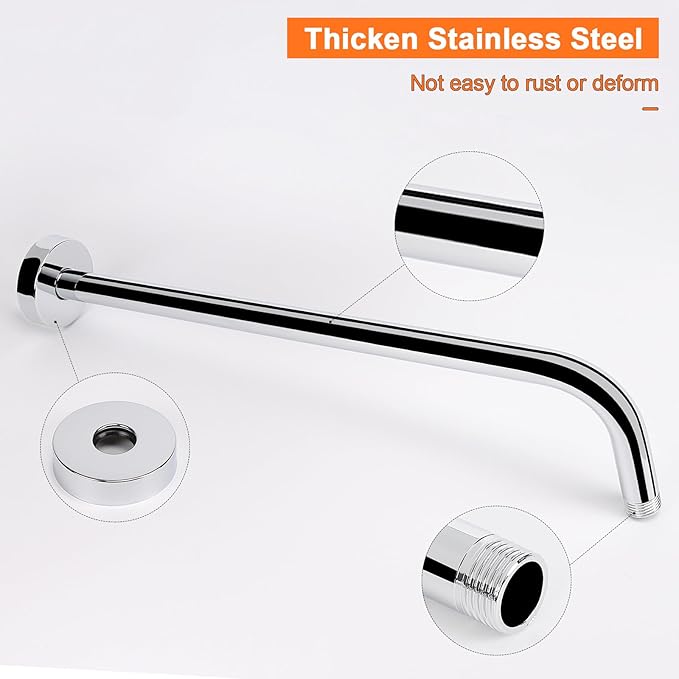 HarJue Shower Arm with Flange and Teflon Tape, Wall Mounted Shower Pipe 304 Stainless Steel Extension Arm for Fixed Shower Head & Handheld (15 Inch, Chrome)