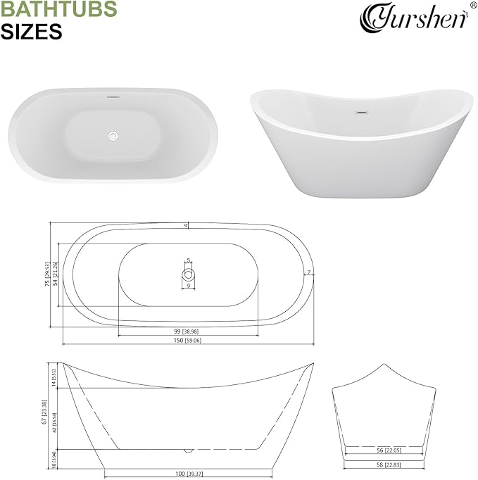 59" Freestanding Acrylic Bathtub – White Double Slipper Soaking Tub with Chrome Drain & Overflow, Glossy Finish for Modern Bathrooms #YSB9210
