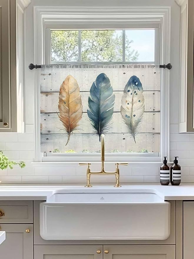 Sheer Curtains 45 Inch Length, Boho Blue Feathers Semi Sheer Curtains Light - Image 3