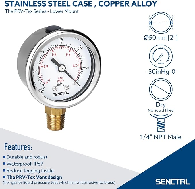 SENCTRL 30inHg Vacuum Pressure Gauge, 1/4 NPT Lower Mount, Waterproof, - Image 2