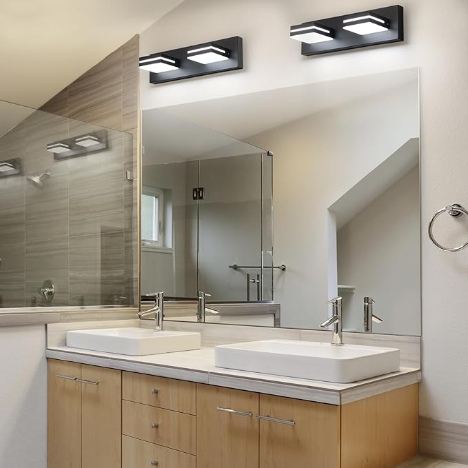 SineRise LED Modern Bathroom Vanity Light Fixtures (2-Light, 15.5-Inch), Matte Black Modern Acrylic Bathroom Wall Lighting Fixtures Over Mirror (Cool White 6000K)