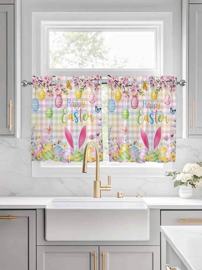Happy Easter Half Window Curtain 36 Inches Long, Spring Bunny Colorful Eggs - Image 3