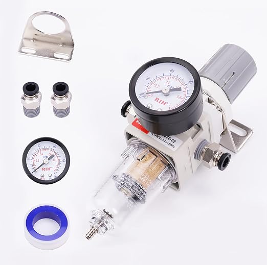 RIH 1/4" NPT Compressed Air Filter Regulator Combo Piggyback, 5 Micron Brass - Image 8