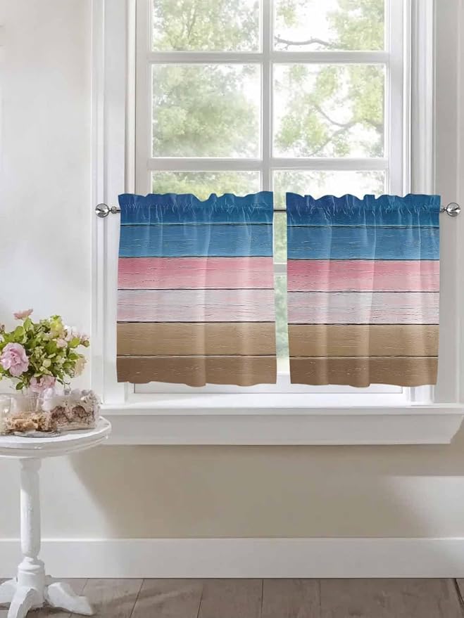 Blue Pink Brown Gradient Wood Grain Window Valance Curtains, Vintage Wood Board - Image 4