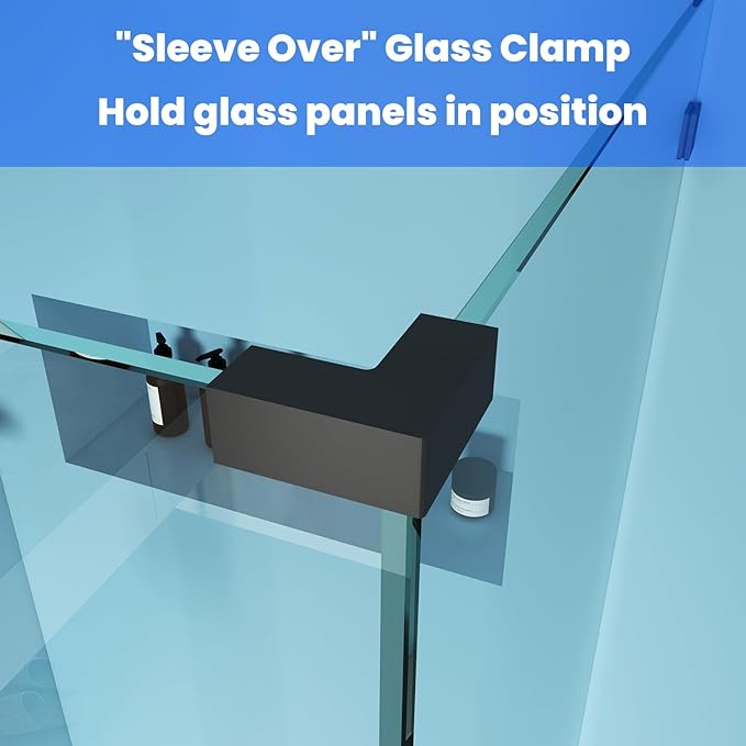 Shower Door Hardware Kit for Frameless Corner Shower Setup, Includes Hinges, Square Pull Handles, U-Clamps and Connector, for 5/16"–3/8" Glass, Bathtub or Standing Shower Use, Chrome