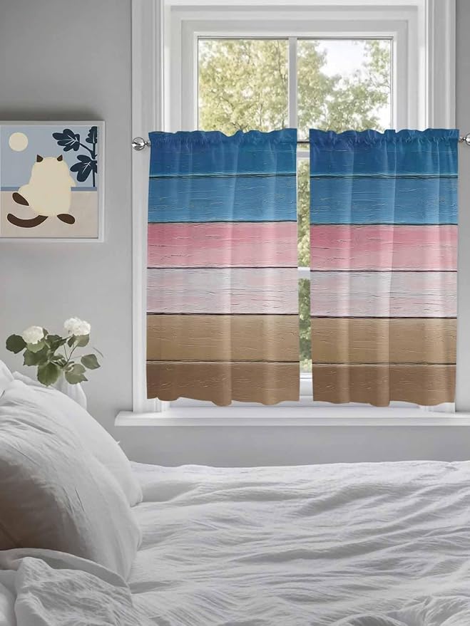 Blue Pink Brown Gradient Wood Grain Window Valance Curtains, Vintage Wood Board - Image 4
