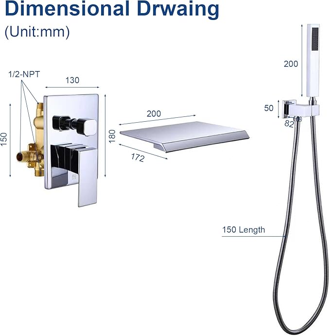 TapLong Wall Mount Bathtub Faucet with Waterfall Tub Spout Bath Tub Faucet Set with Handheld Shower Single Handle Tub Filler Shower Faucet Set with Rough-in Valve and Trim Kit, Polished Chrome, 91266