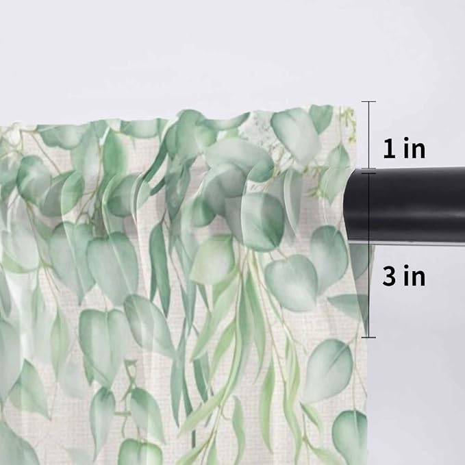 Green Leaf Sheer Valance Curtains, Eucalyptus Leaves Vintage Linen Texture - Image 7
