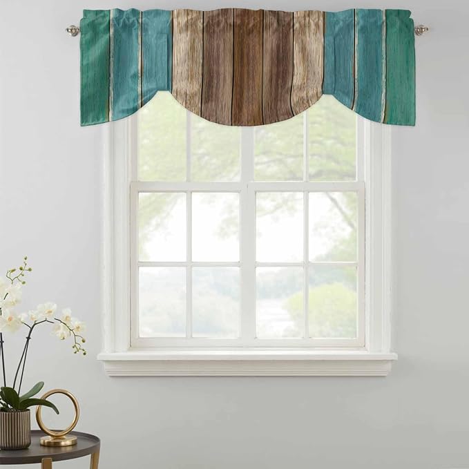 Teal Blue Brown Tie Up Valance Curtains - Image 2
