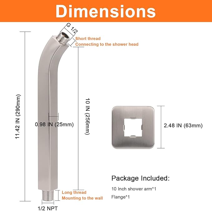 HarJue Shower Arm with Flange and Teflon Tape, Wall Mounted Square Shower Pipe 304 Stainless Steel Extension Arm for Fixed Shower Head & Handheld Shower (10 Inch, Brushed Nickel)