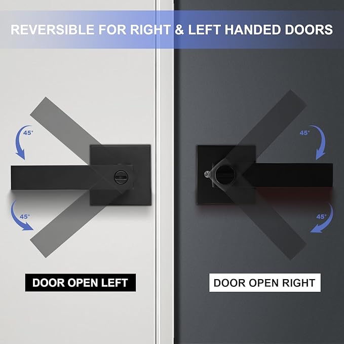 Privacy Interior Door Lever, 2 Pack Heavy Duty Matte Black Door Handles Square Door Knobs for Bedroom & Bathroom Keyless Door Lock Handles for Right & Left Sided Doors