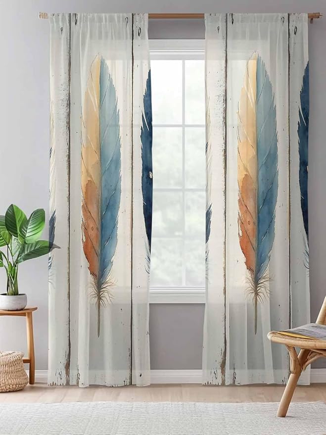 Sheer Curtains 84 Inches Long, Boho Ombre Vintage Wooden Grain Privacy Voile - Image 5