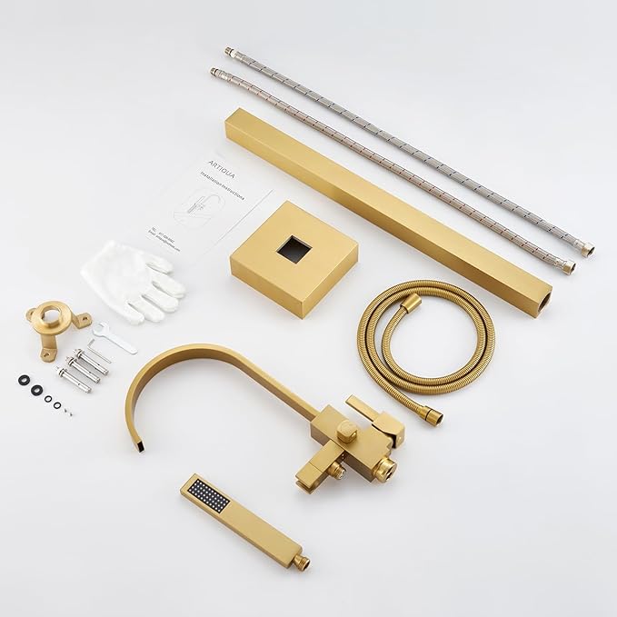 Freestanding Bathtub Faucet Floor Mount Tub Filler Brushed Gold Brass Bathroom Faucets Single Handle with Hand Shower