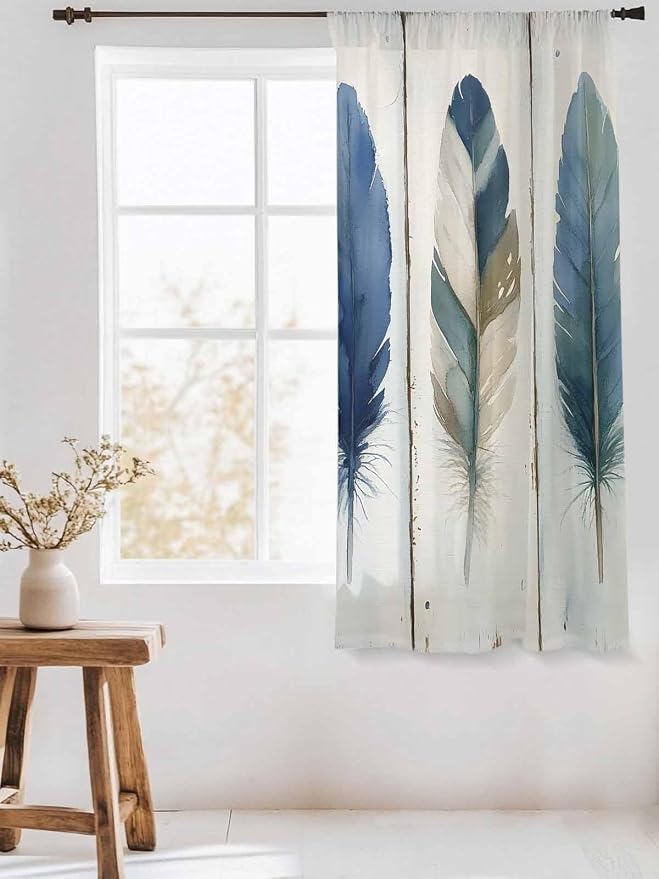 Sheer Curtains 63 Inch Length, Boho Blue Feathers Semi Sheer Curtains Light - Image 3