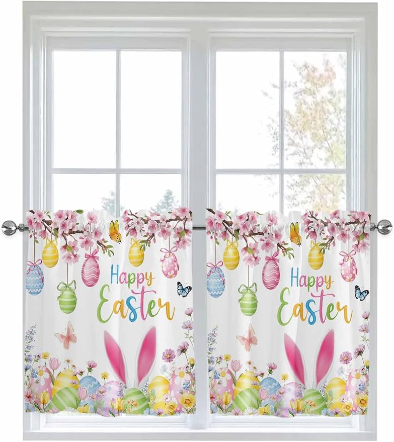 Happy Easter Half Window Curtains 24 Inches Long, Spring Watercolor Bunny Eggs by Unknown