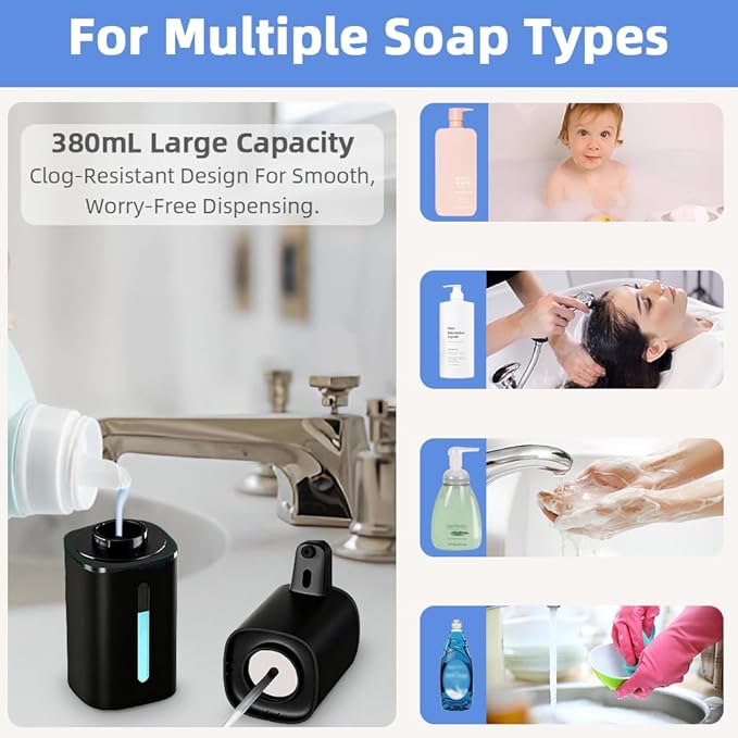 Automatic Liquid Soap Dispenser, 9 Adjustable Levels, 380ml/12.8oz, Auto Touchless Hand Soap or Dish Soap Dispenser,USB Rechargeable Dispenser,Wall Mount or Tabletop Use for Bathroom Kitchen Sink