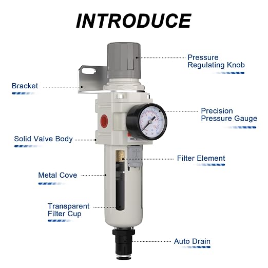 3/8"NPT Air Filter Regulator Combo Piggyback, 5 Micron Brass Element, Auto Drain - Image 3