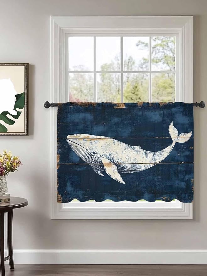 Sheer Curtains 54 Inch Length, Ocean Whale Blue Semi Sheer Curtains Light - Image 2