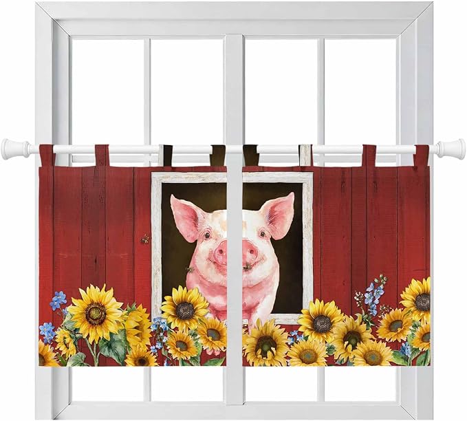 Pigs Sunflowers Kitchen Curtains 36 Inch Length, Small Window Curtains Tab Top by Unknown