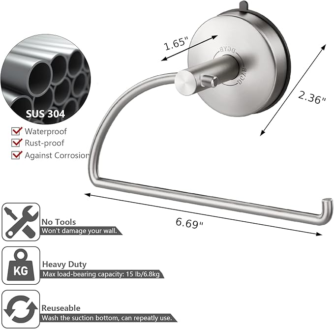 DGYB Suction Cup Hand Towel Ring Brushed Nickel Hand Towel Holder for Bathroom Wall SUS 304 Stainless Steel Kitchen Towel Hanger