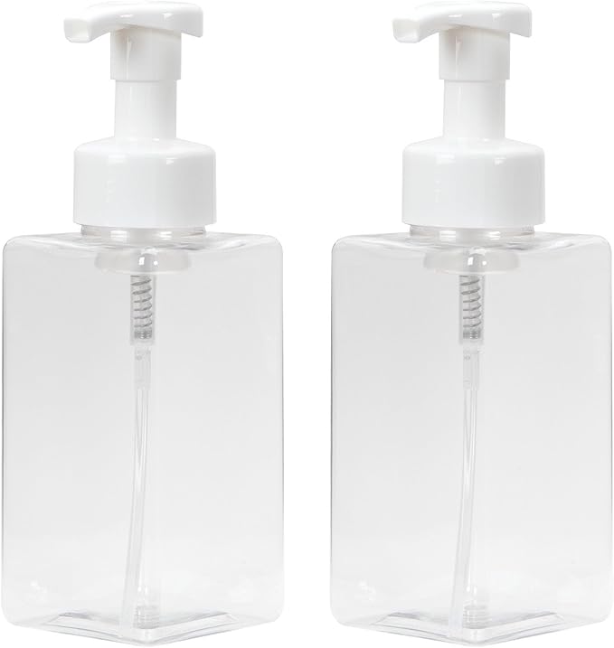 Ginger Lily Farms Foaming Soap Dispenser, Refillable Plastic Pump Bottles for Liquid Hand Soap, 15 oz. Clear Bottle with White Pump, 2-Pack