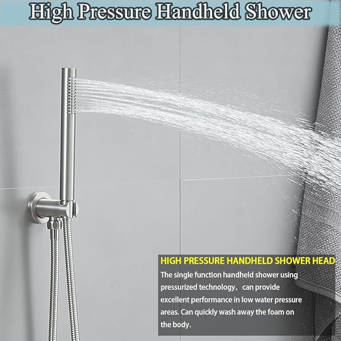 Brushed Nickel Round Shower Faucet Set with Body Jets 12 Inch Shower Head Handheld Shower Combo Set High Pressure Ceiling Mount with Rough-in Valve