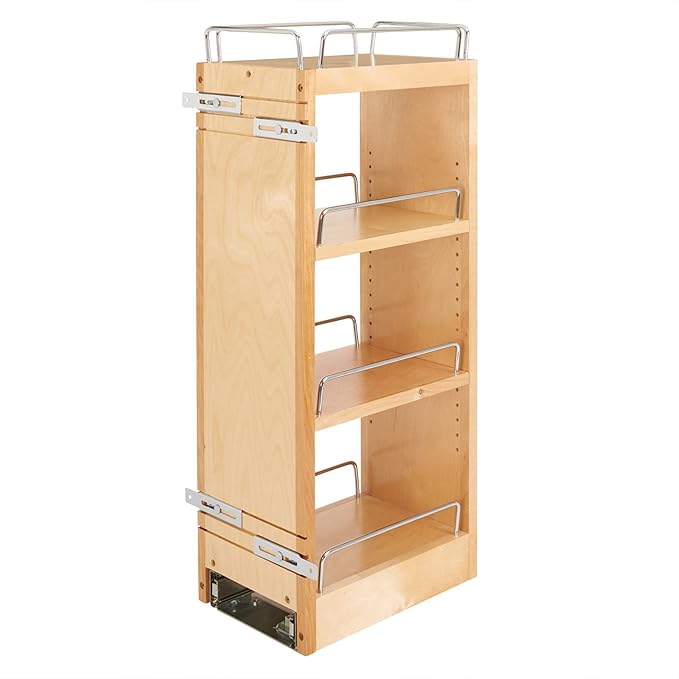 Rev-A-Shelf 8" Pull Out Shelf Organizer for Kitchen and Bathroom Cabinets, Wooden Slide Out Spice or Medicine Rack w/Soft-Close, 448-BBSCWC-8C