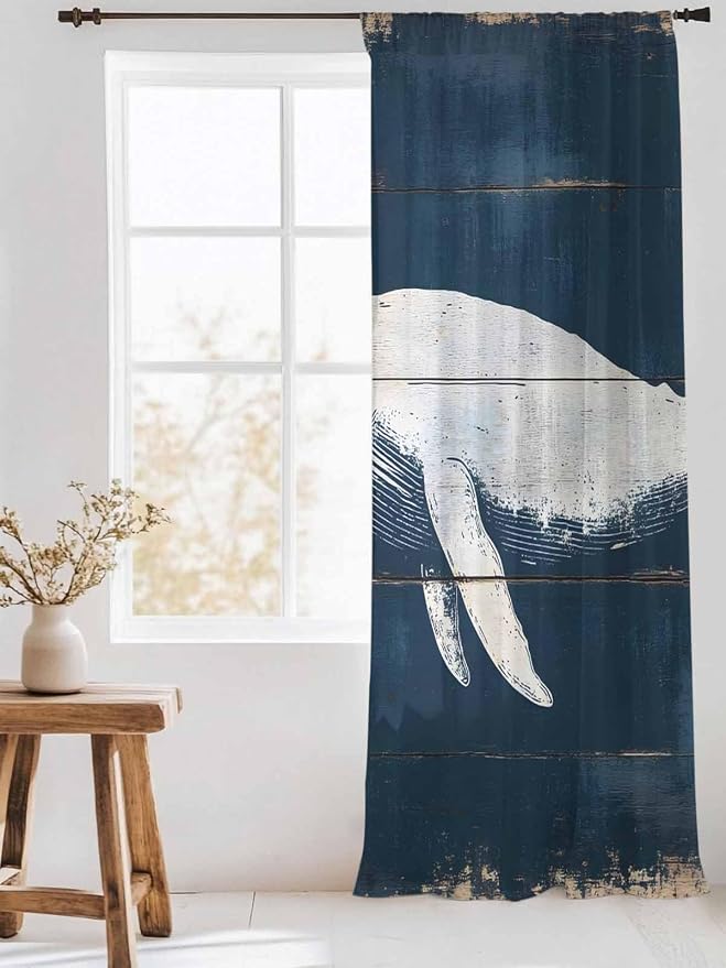 Sheer Curtains 96 Inches Long, Ocean Whale Blue Semi Sheer Curtains Light - Image 3