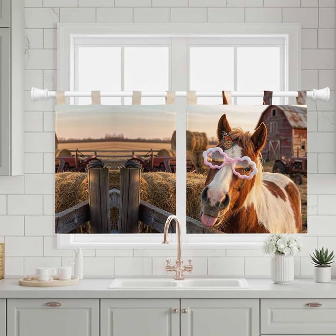 Farm Horses Kitchen Curtains 36 Inch Length, Small Window Curtains Tab Top - Image 3