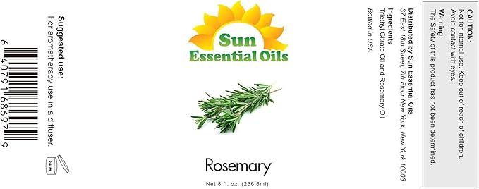 Sun Essential Oils - 8 oz Rosemary Essential Oil for Hair Growth, Skin, Scalp - Drops for Diffuser, Humidifier & Aromatherapy Massage - DIY Candle, Lotion & Shampoo Making - Help Sleep