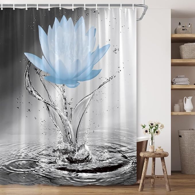 Lotus Shower Curtain Black White Grey Blue Flower Elegant Blooming Floral with Dew Spring Flower Reflection on Water Modern Romantic Polyester Fabric Bathroom Decor 86×70 Inch with Hook