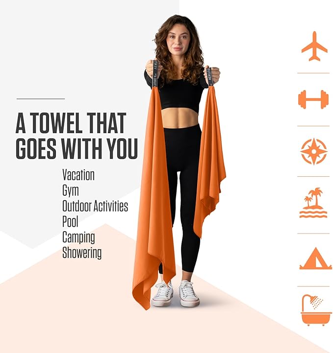 VENTURE 4TH Quick Dry Towel. Microfiber Travel Towel Ideal for Camping, Hiking, Backpacking, Gym. Lightweight & Fast Drying Travel Towels for Body. Compact & Easy to Pack - Orange Large