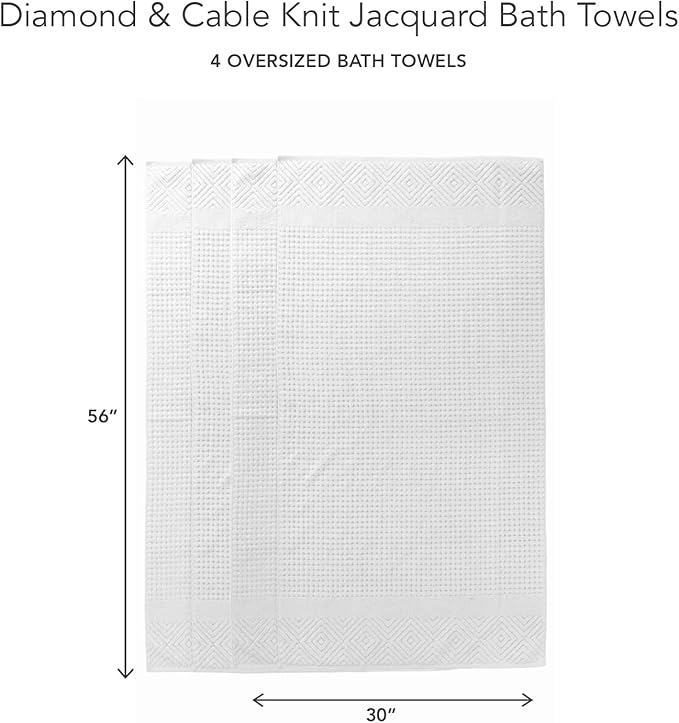Texere 100% Organic Cotton Diamond Jacquard 700 GSM Luxury Bath Towel Sets - Ultra Soft and Absorbent Hotel and Spa Quality (Diamond, Bright White, 4 Bath Towels)