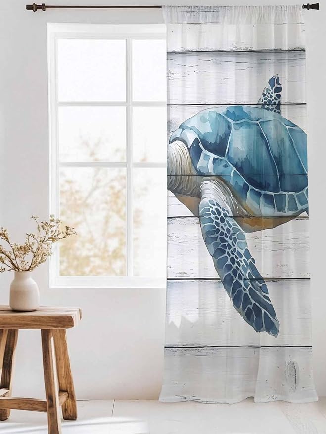 Sheer Curtains 96 Inches Long, Sea Turtle Blue Semi Sheer Curtains Light - Image 3