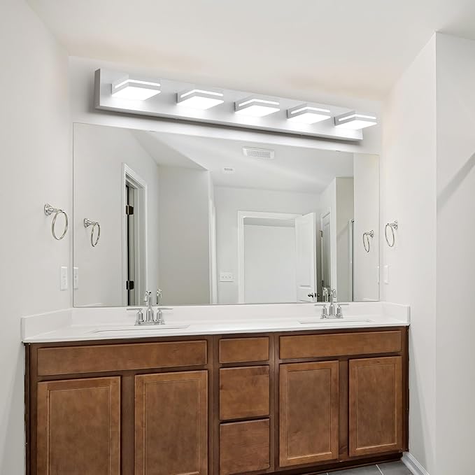 SineRise LED Modern Bathroom Vanity Light Fixtures (5-Light, 40-Inch), Matte White Modern Acrylic Bathroom Wall Lighting Fixtures Over Mirror (Cool White 6000K)