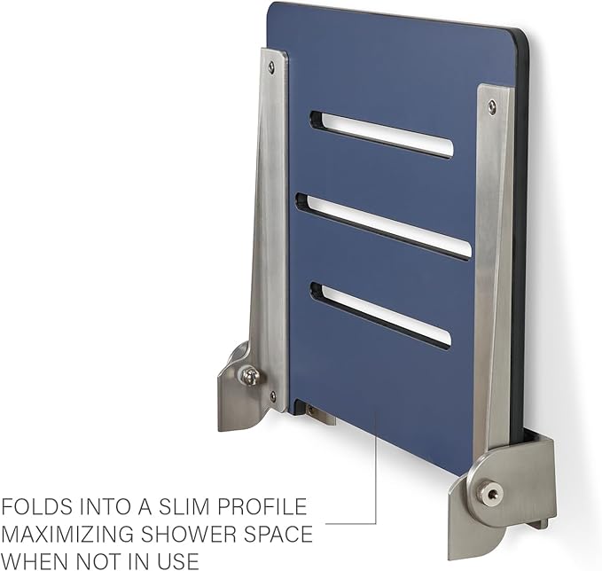 18 inch Silhouette Slimline Folding Wall Mount Shower Bench Seat, Navy Seat with Silver Frame