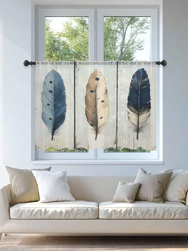Sheer Curtains 54 Inch Length, Farmhouse Feather Semi Sheer Curtains Light - Image 4