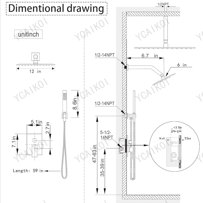 Shower Faucet Set Matte Black Shower System, Knob Switch Diverter Shower Faucet with High Pressure Handheld Spray, Ceiling Mount 12 Inch Shower Head with 6 Inch Wall Mount Shower Head